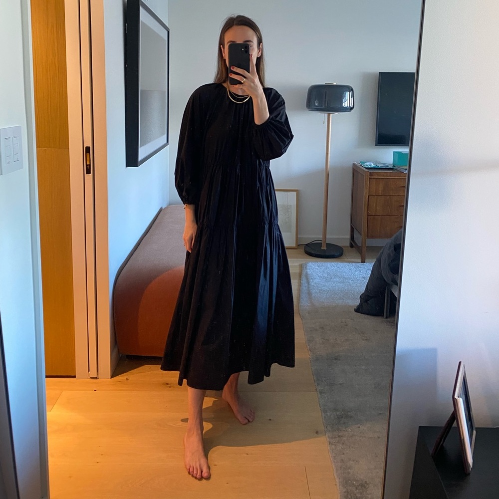 Black Poplin Tiered Ruffle Dress, M